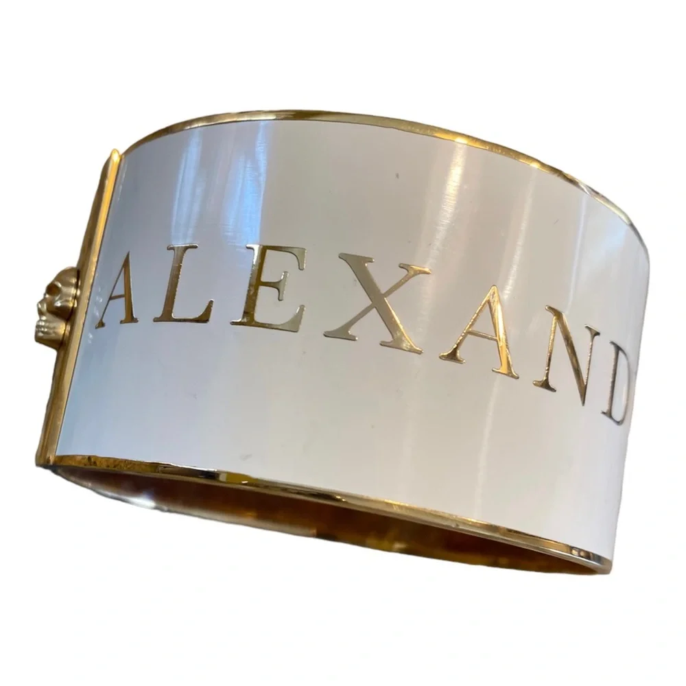 Alexander McQueen Name Logo Skull Cream & Gold Wide Bangle Cuff Bracelet EUC - Picture 3 of 6